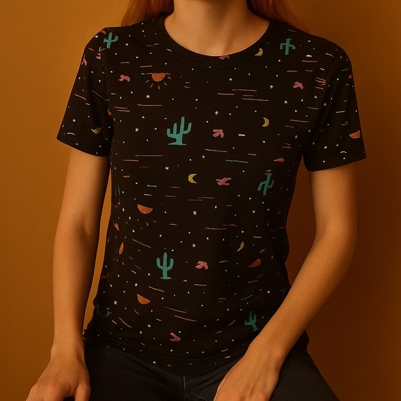 Modern Lux Black Crewneck Cactus Sun Moon Short Sleeve T-Shirt Size XS - Picture 1 of 9